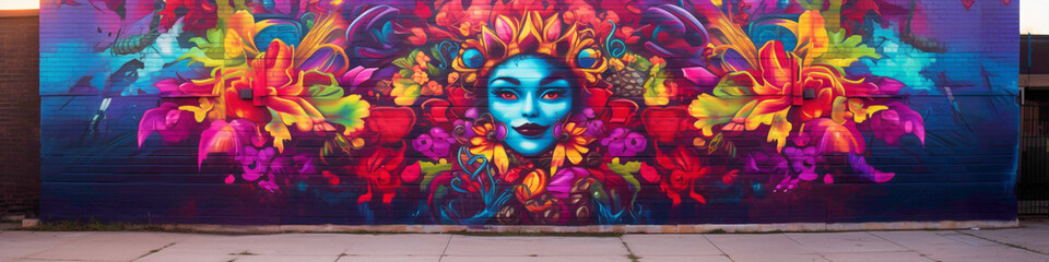 Immerse yourself in the beauty and creativity of a psychedelic street art mural on a city wall.