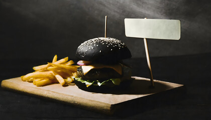 Black hamburger in dark room with empty price stick