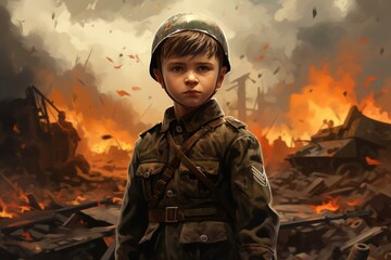 Soldier military kid in war destroyed territory. Little boy in the middle of devastated city buildings. Generate ai