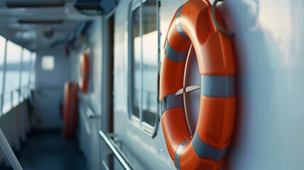 Life bouy installed on passenger boat , safety equiment for boat and ship concept . - obrazy, fototapety, plakaty