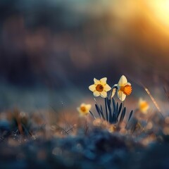 Two daffodils facing each other infield high quality ai generated image - obrazy, fototapety, plakaty