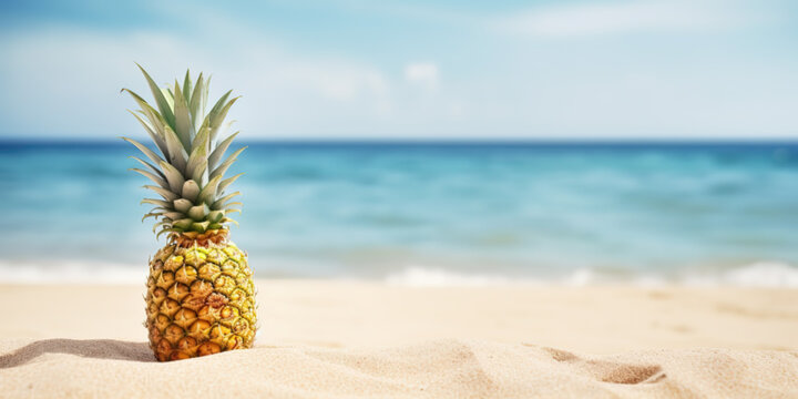 Pineapple on the sand on the beach with copy space. Concept of summer holidays