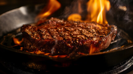 Juicy Steak Sizzling on a Flaming Griddle in a Restaurant Kitchen - obrazy, fototapety, plakaty