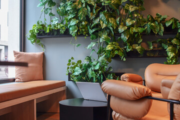 Space for meetings with the laptop on the coffee table, cozy soft chairs and the green plants around the space. Selective focus.