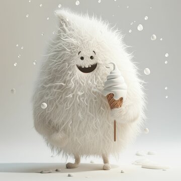 A whimsical image of a cute, fluffy, white creature with large expressive eyes, happily holding a vanilla ice cream cone.
