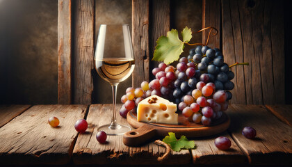 An elegant still life arrangement of a glass of white wine, grapes, and cheese on an old wooden table