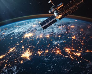 Advanced satellites orbiting for global connectivity, enabling internet in the sky. - obrazy, fototapety, plakaty