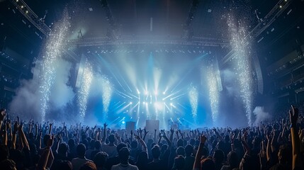 Exhilarating Concert Scene with a Crowd Cheering Under Bright Stage Lights and Pyrotechnics