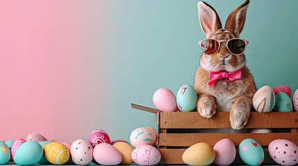 Stylish Rabbit with Sunglasses Enjoying Easter Among Colorful Eggs
