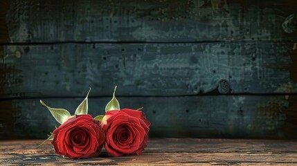 Two Red Roses Lying on a Vintage Wooden Table with Distressed Green Background