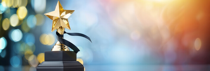 Golden award trophy star on a bokeh background, space for text, copyspace banner winner and 1st place concept, hd - obrazy, fototapety, plakaty