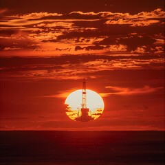 An atmospheric shot of an offshore oil rig silhouetted against a fiery sunset, symbolizing the intersection of industry and nature's beauty