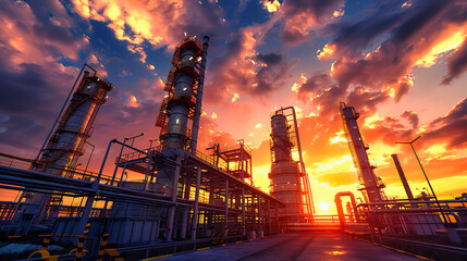Twilight at the Refinery: Industrial Landscape with Petrochemical Plant and Technology at Sunset, Environmental Concerns - obrazy, fototapety, plakaty