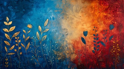 Featuring Russian healing art, this painting radiates joy and is rich in symbols of healing, set in traditional Russian colors and culture, with a blue and red background providing space for text.