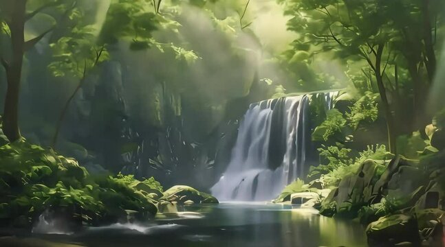 A serene forest scene with a small pool at the base of a waterfall, surrounded by rocks and greenery. The water is a deep blue color, and the sunlight filters through the trees, casting dappled light.