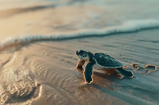 young turtle making its way out to sea,Because of plastic waste, a little caretta caretta sea turtle perished on the dunes. After hatching from an egg, a sea turtle cannot reach the sea. Duplicate the