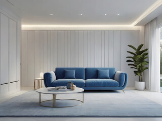 White minimal living room, everything in the room is white, white walls, flushed white doors, white ceiling, highlighting the scene with blue minimal sofa, white interior lighting, ai generated