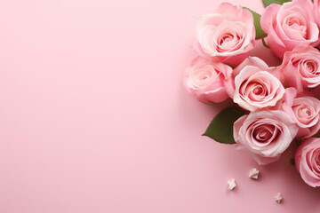 Pink roses arranged in bouquet on pink background. Roses are main focus of image, and pink background adds sense of romance and elegance to scene
