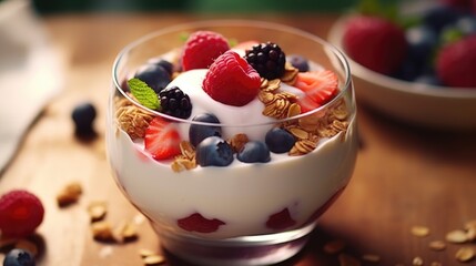 Bowl of yogurt with fruit and granola. Bowl is on wooden table. Fruit includes strawberries,...