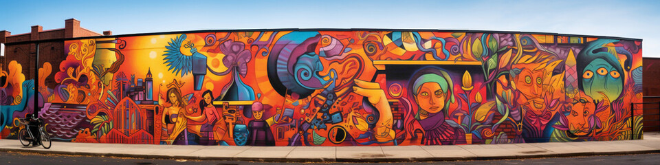 Immerse yourself in the vibrant colors and intricate designs of a bold street art mural on a city...