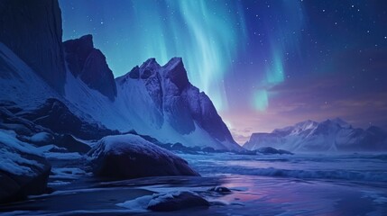 Beautiful night sky with mountain range in background. Sky is filled with auroras and mountains are covered in snow. Scene is serene and peaceful, with mountains
