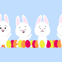 Seamless Easter border of white bunnies and Easter eggs