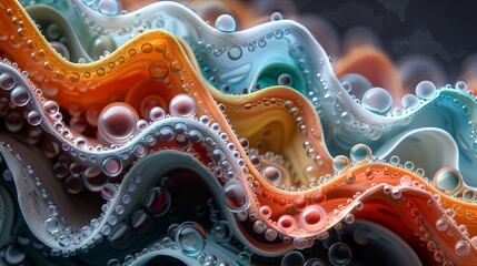 Colorful Abstract Macro Waves with Dew Drops on Vibrant Curved Surfaces
