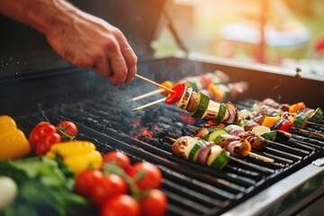Person is cooking vegetables on grill. Vegetables include peppers, zucchini, and tomatoes