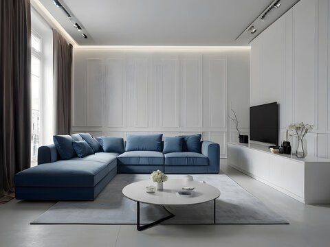 White minimal living room, everything in the room is white, white walls, flushed white doors, white ceiling, highlighting the scene with blue minimal sofa, white interior lighting, ai generated