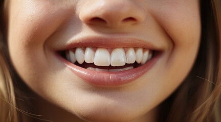 Close up on teeth of the smile of a teenage girl with healthy white teeth. Children's dentistry concept.