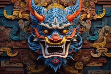 Fotobehang a colorful dragon mask on a wall © Vasile