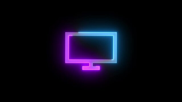 Neon Tv monitor icon cyan purple color glowing animation black background
