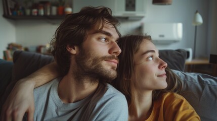 Fototapeta premium Man and woman are sitting on couch, looking at each other. Man is wearing gray shirt and woman is wearing yellow shirt. They seem to be enjoying each other's company