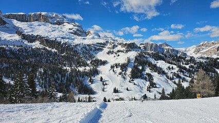 Ski resort from above on a sunny day. Skiing between the trees high in the Dolomites Mountains, Italy, South Tyrol. Beautiful bird view from Dolomiti Superski area.