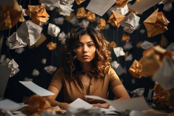 Woman sits at desk with pile of papers in front of her. Papers are scattered all over desk, and woman is overwhelmed by mess. Concept of chaos and disorganization - obrazy, fototapety, plakaty