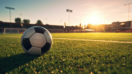 Soccer ball is sitting on field. Sun is setting in background