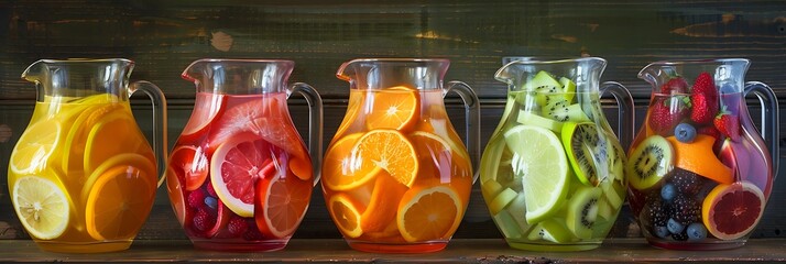 A vibrant rainbow of tropical fruit slices arranged in a glass pitcher, ready to be blended into a refreshing smoothie.