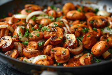 Fried champignons and king trumpet mushrooms with onions and parsley in pan