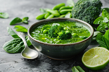 Green thai curry with broccoli, pak choi, snow peas, baby spinach, lime, broccoli and sauce on spoon.