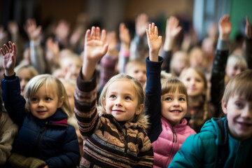 Group of children are in classroom, with some of them raising their hands. Scene is one of...
