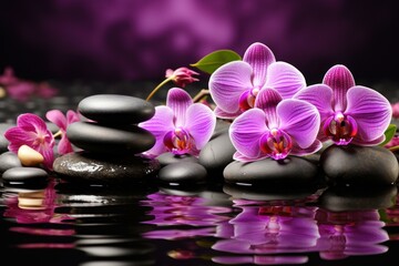 Fototapeta na wymiar Spa orchids stones. Flower nature. Generate Ai
