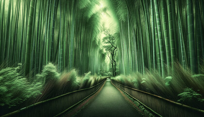 The vibrant green hues of a bamboo forest along a peaceful walking path, embodying the essence of natures tranquility