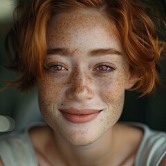 Intimate portrait of a freckled young woman with auburn hair and a warm, engaging smile. - obrazy, fototapety, plakaty