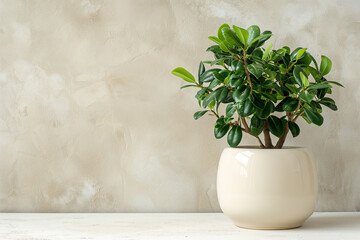 tolstyanka plant in a beige pot on a light stone background , free space for text