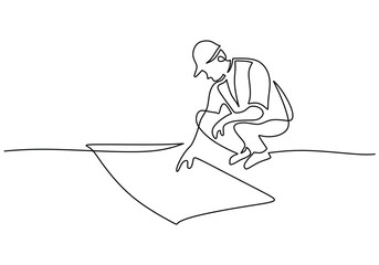 continuous line drawing young male architect holding blueprint paper