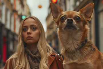 portrait of a woman with a dog, chihuahua, city