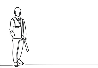 Single line drawing of young architect holding blueprint paper pose