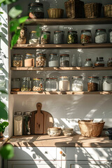 A kitchen filled with various plantfilled jars on the hardwood shelves, complementing the wood and metal tableware and serveware