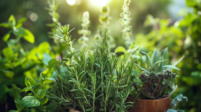 herbal plants on the background of a vegetable garden