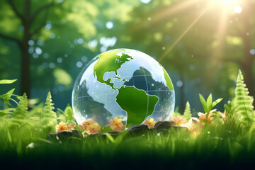 Obraz na płótnie Canvas Globe is surrounded by lush green forest. Globe is made of clear glass and is placed on grass. Concept of harmony between nature and environment